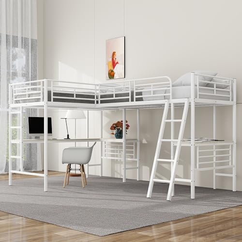 Moimhear Letto a soppalco 90 x 200 cm, due letti a castello, tavolo sotto il letto, doppia scala, ringhiera alta, bianco, WX001001