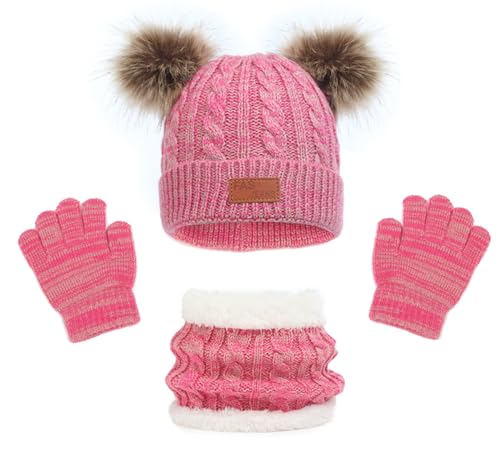 LINSOCLE Set de Bufanda Gorro Guante para Niña, Conjunto de Bufanda Sombrero Guantes para Niño en Invierno, Gorro de Lana con Pompones y Braga de Cuello Polar para Niños de 2 a 6 Años