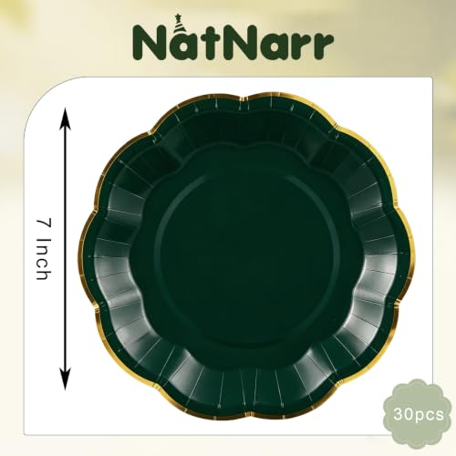 Image of 30 Pcs Green Paper Plates with Gold Trim 7 Inch Scalloped Dinner Plates