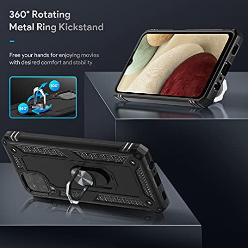 HATOSHI Samsung Galaxy A12 5G Case with 2 Pack Tempered Glass Screen Protector and 2 Pack Camera Lens Protector, [Military Shockproof] Magnetic Ring Kickstand Protective Phone Cover for A12, Black