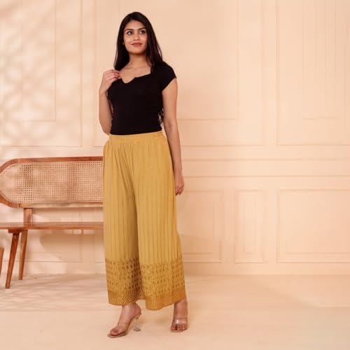 Image of VIVIKA Chikankari Palazzo Pants for Women |Rayon Wide Leg Ethnic Palazo with Embroidery | Comfortable Elastic Waist Women's Palazzo for Casual, Festive & Office Wear