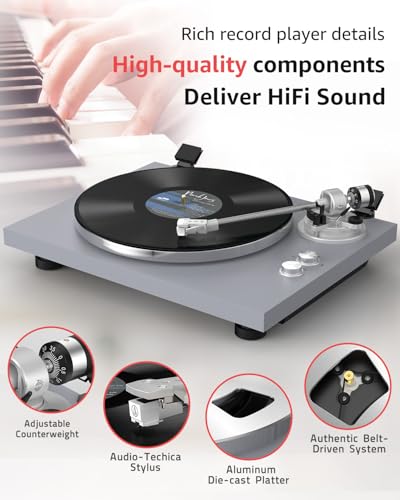 Image of Turntable Record Player Wireless Output Carbon Fiber Tonearm Vinyl Player Aluminium Platter Belt-Drive LP Turn Tables 33 1 /3&45 RPM Phono Level Audio RCA Line Output AT-3600L MM Cartridge Grey