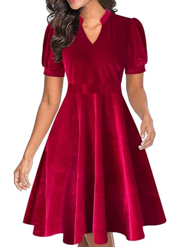 Image of Mokayee Womens Summer Short Puff Sleeve Casual Semi-Formal Fit and Flare Church Wedding Guest Work Dresses with Pockets