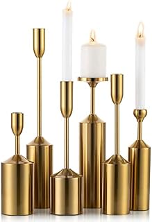 Sziqiqi Metal Taper Candle Holders Candlestick Holders Set of 6, Iron Brass Candlestick Holder Set for Taper Pillar Candles, Vintage Decor Centerpiece Candle Candlestick Holders for Table, Style 4