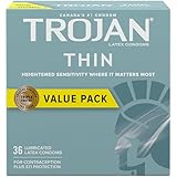 Trojan Thin Lubricated Latex Condoms, Thinnest Where a Man is Most Sensitive for More Pleasure, Bringing You Closer, Silky Smooth Lubricant for Extra Comfort and Sensitivity, 36 Count (Pack of 1)