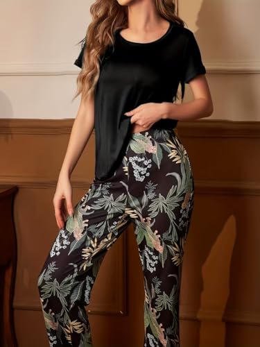 Image of TAGAS Women's Looper Fabric Night Suit Set - Soft Short Sleeve Printed Top with Floral Pajama Pants - Breathable Lightweight 2-Piece Sleepwear & Loungewear Set for Ladies