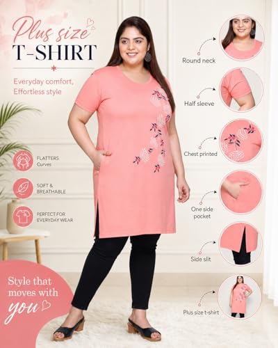 Image of In Love Women's Printed Cotton Plus Size Longline T-Shirt with Pockets | Cotton fabric - soft longline T-shirt with easy plus-size fit