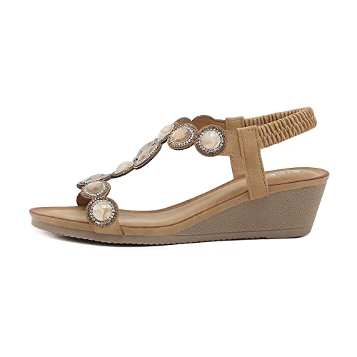Unifizz Wedge Sandals For Women Bohemia Elastic Ankle Strap Sandals Open Toe Sparkly Rhinestone Summer Platform Outdoor Shoes Sandal(Brown,Size 9.5) #TOP1