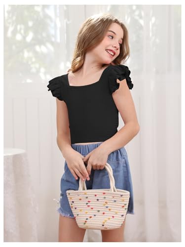 Image of OYOANGLE Girl's Casual Solid Ruffle Trim Cap Sleeve Square Neck Cute Crop Tank Tops T-Shirts