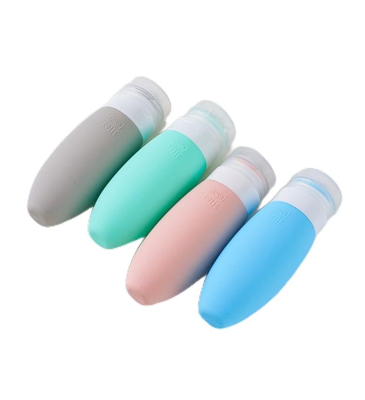 silicone travel bottles set for toiletries, 90ml leak-proof squeezable refillable containers for shampoo,conditioner,lotion, liquid soap, approved portable travel accessories with clear pouch - 4 pack