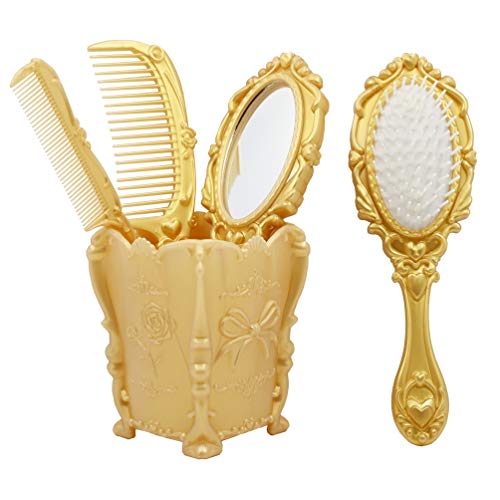 Vintage hand Mirror Comb Set-Dolovemk Girls Cosmetic Classical Wide Tooth Comb,Vintage handheld mirror with Embossed Flower,Detangling Hair Brush,Rat Tail Comb,Ideal Gift(Gold)