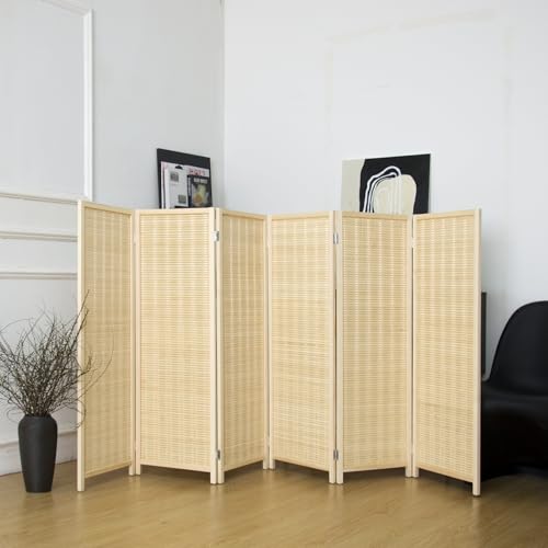 6 Panel Short Panel Divider Screen,3.95 FT Tall Bamboo Room Divider Folding Privacy Screen,Short Panel Divider Freestanding Room Divider for Room Seperation,Beige