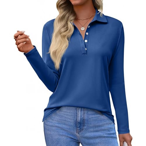 Damen Poloshirt Langarm V-Ausschnitt Polohemd Schnelltrocknend Laufshirts Leicht Sport T-Shirts Tops Atmungsaktiv Fitness Golf Tennis Blau L