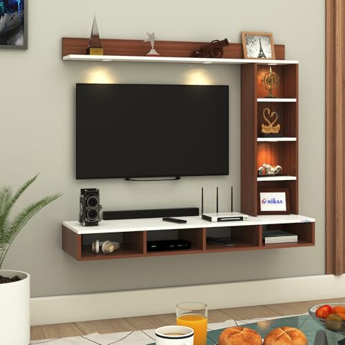 Image of Anikaa Briza Engineered Wood Wall Mounted TV Unit with 4 LED Lights, 9 Open Display Boxes & Shelf Design for Living Room | Ideal for Upto 43 Inch TV- Walnut /White(DIY Installation)