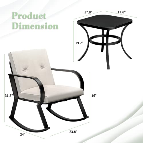 Image of Greesum 3 Pieces Patio Furniture Sets, Outdoor Conversation Rocking Chairs with Soft Cushions and Glass Coffee Table for Balcony, Porch, Yard, White