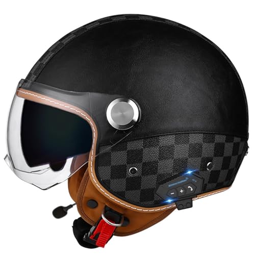 ARZARF Retro Bluetooth Casco Moto,Casco Abierto Moto para Hombre Y Mujer,Aprobado Dot/ECE,Casco Moto Crucero Moderno Ciclomotor ATV Scooter Casco Jet con Visera Doble(M,XXL=63-64cm)