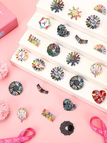 Image of JUNEBRUSHS 28pcs Cancer Awareness Pins Ribbon Lapel Pins for Cancer Fighters Survivors Inspirational Favor Charity Campaign Decor Accessories