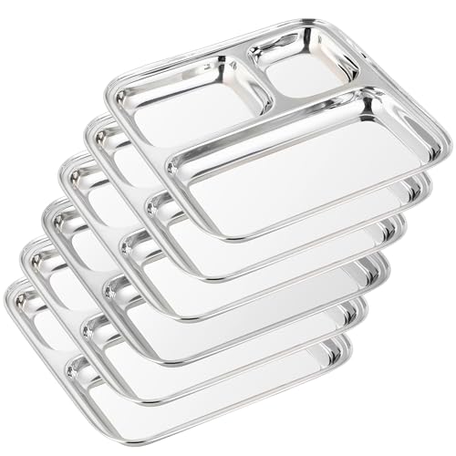 WG inc 6-Pack, Stainless Steel Compartment Plates, Premium 3 Section Divided Dinner Plates for Kids & Adults, Food Serving Camping Dishes, Dishwasher Safe Kitchen Metal Trays