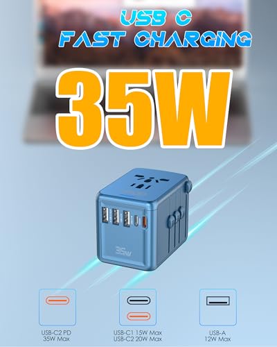 Image of Universal Travel Adapter, 35W PD Fast Charging & 2 USB C 3 USB A & 2500W AC Outlet, International Power Adapter for Europe UK US AU 200+ Countries, Compatible with iPhone 16 15, MacBook, Laptop