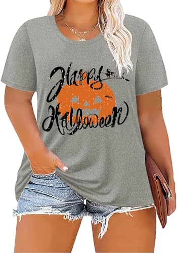 Image of ForHailey Women's Plus Size Halloween Shirts Fall Pumpkin T-Shirt Short Sleeve Graphic Tees Tops