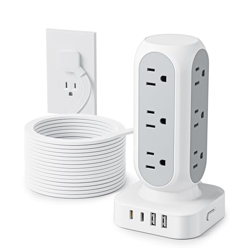 Flat Plug Power Strip Tower 15FT, 40W Total Fast Charging