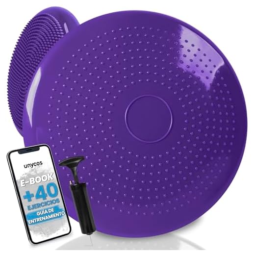 unycos - Cojín de Equilibrio【34 cm】con Bombín, Disco Propioceptivo, Antideslizante y Terapéutico que Resiste 150 kg, Soporte Lumbar para Yoga, Pilates, Fitness y Rehabilitación (Morado; Basic)