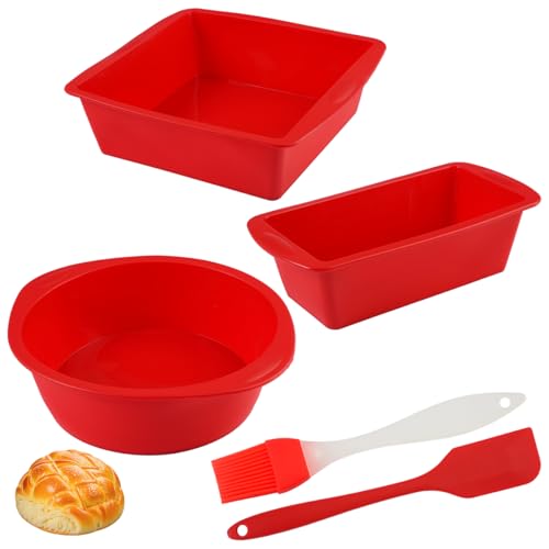 3 Stück Kuchenform Silikon,Rot Silikon Backformen mit Ölpinsel Schaber,Antihaftbeschichtet & BPA-frei,Silikonformen Kuchen zum Heißluftfritteusen,Backöfen,Brotbackform Silikoni für Laibkuchen,Brownies