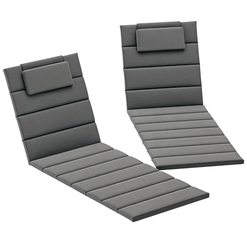Outsunny Pack 2 Cojines para Tumbonas Plegables Colchonetas para Tumbonas de Jardín Exterior 203x66x3 cm con Reposacabezas y Correas de Sujeción Gris Oscuro