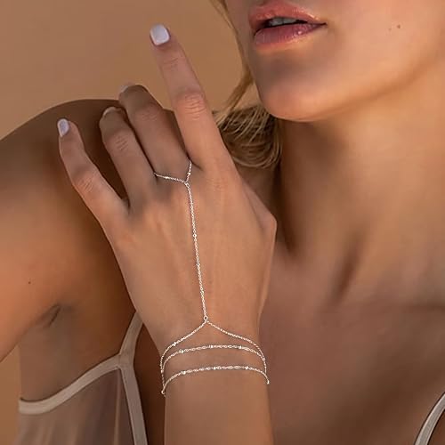 Image of Hand Chain Bracelet for Women Trendy, Dainty Silver Beaded Finger Ring Bracelet Non Tarnish Minimalist Adjustable Simple Cute Silver Bracelets Waterproof Fashion Jewelry