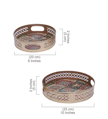 Image of Two Moustaches Traditional Design Metal Round Serving Trays Set (8 Inches & 10 Inches), Serving Plates for Home, Platters for Tea /Coffee /Fruits /Snacks, Decorative Pichwai Tray, Golden, Pack of 2