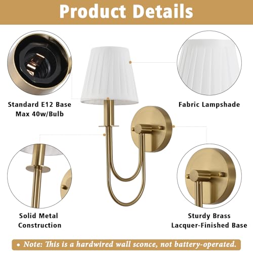 Image of ETONIMERR Antique Brass Wall Sconces Set of Two, White Pleated Fabric Wall Light Fixtures with Gold Curved Arm, Vintage Gold Wall Sconce for Bedroom Living Room Hallway, Brass Finish Sconces