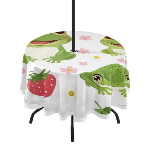 Wajiw 60 Inch Indoor Outdoor Round Tablecloth with Umbrella Hole and Zipper Waterproof Patio Table Cover for Camping Dining Room Party Outdoor Picnic,Frogs