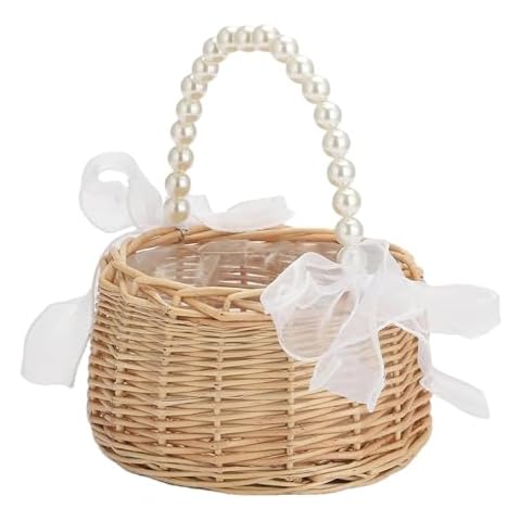 Wicker Flower Girl Basket with Pearl Handle Cover