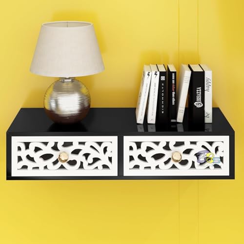 Image of Engineered Wood Floating Shelves With Drawer, Wall Shelves Multi Use As Cabinet Or Nightstands For Desk Or Wall Storage (Black & White)