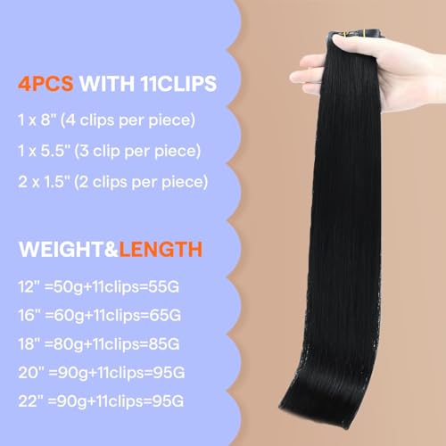 Image of Full Shine Invisible Clip in Hair Extensions, Jet Black Human Hair, 4 Pcs