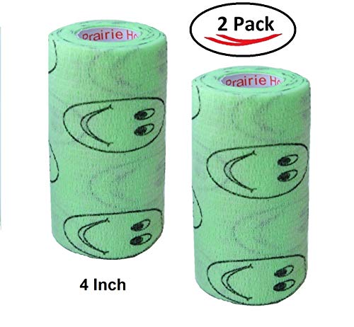 Image of Vet Wrap Wrap Tape (Green with Smiles Pattern) (2 Pack) (4 Inch x 15 feet) Self Adhesive Adherent Adhering Cohesive Flex Self Stick Bandage Grip Roll Dog Cat Pet Horse