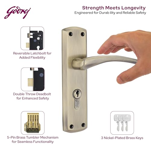 Image of Godrej Mortise Lock | BM 01 Handle Lock Set | 200mm Lockbody | Europrofile Cylinder 60mm Knob from Inside | for Home & Office | Antique Brass Finish | 3 Keys | Double-Throw Deadbolt | 5 Year Warranty