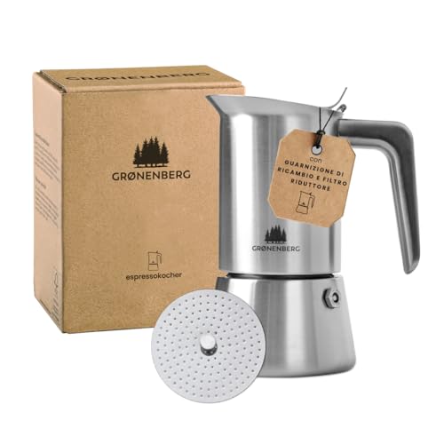 Groenenberg Moka induzione 4 Tazze (200 ml) + filtro riduttore | Caffettiera induzione (Acciaio Inox) | Moka con Guarnizione di...