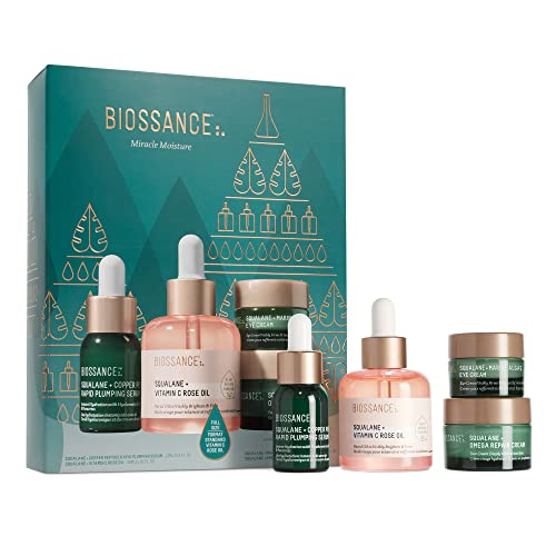 Biossance Miracle Moisture Set.â¯Full Size Vitamin C Rose Oil (1.01 oz) + Travel Size Copper Peptide Serum (.4 oz) + Travel Size Omega Repair Cream (.5 oz) + Travel Size Marine Algae Eye Cream (.16 oz)