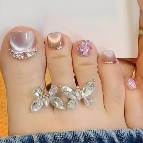 Rhinestone Press on Toenails Short Square Stick on Toenails