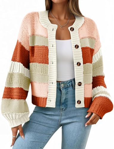 Saodimallsu Womens Striped Chunky Cardigan Sweaters Button Up Fall Trendy Color Block Long Sleeve Knit Sweater Coats