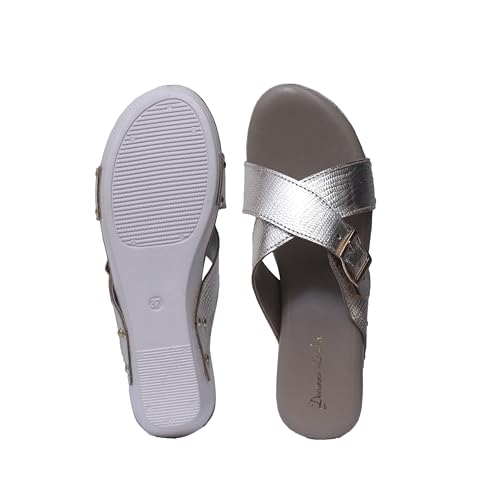 Image of DEEANNE LONDON Women's Silver Pure Leather Metallic Cross Strap Wedge Sandals with Buckle