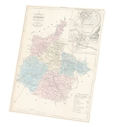 Toile Imprimée Carte Ancienne Ardennes 08 Tableau Décoratif d'Exception 40x51 cm