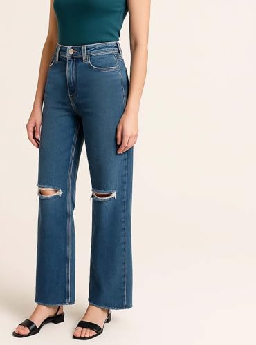 Image of KOTTY Women's Solid|Fit and Flared Fitting|Ankle Leg Style|High Rise|Stechable|Casual Jeans