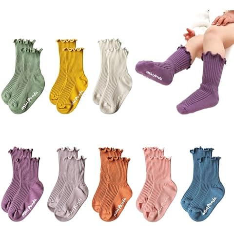 MINI PANDA Baby Non-Slip Crew Socks with Frilly Ruffled for Infants Toddlers Little Kids Little Girls 8 Pairs Cover
