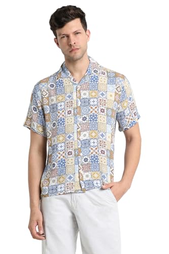 Image of Dennis Lingo Men's Rayon White Printed Relaxed Fit Cuban Collar Half Sleeve Casual Shirt