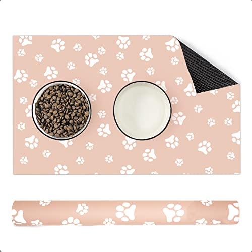 OHCOZZY Tapis Gamelle Chien, Tapis pour Gamelle Chien, Tapis Imperméable Et Facile à Nettoyer pour Animaux, Fabriqué en Matériaux Antiadhésifs (48×30, Pattes Roses) Cover