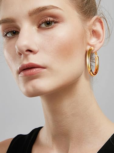 Image of Stainless Steel Chunky Hoop Earrings For Women, Minimalist and Chic, Black /Gold Plated, Round Hoops Earrings Hypoallergenic, Size: 30mm /40mm /60mm /80mm, Come with Box