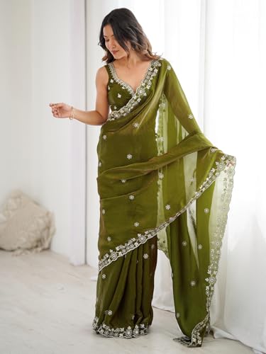 Image of Satrani Women's Tissue Silk Scalloped Border Sequins Embroidery Saree with Unstitched Blouse Piece