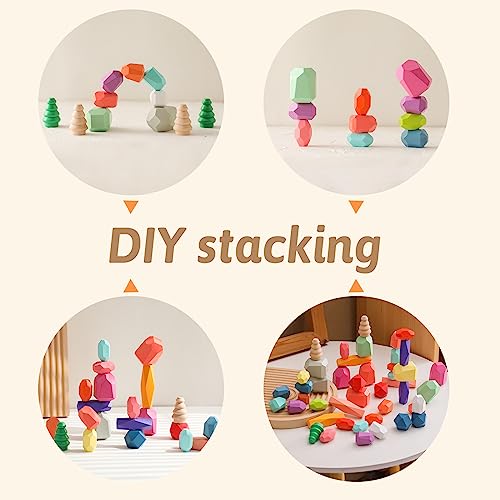 Promise Babe Montessori Wooden Rainbow Stacking Stones 48 Pieces, Age 3-6, Building Blocks, Educational Toy - Image 4